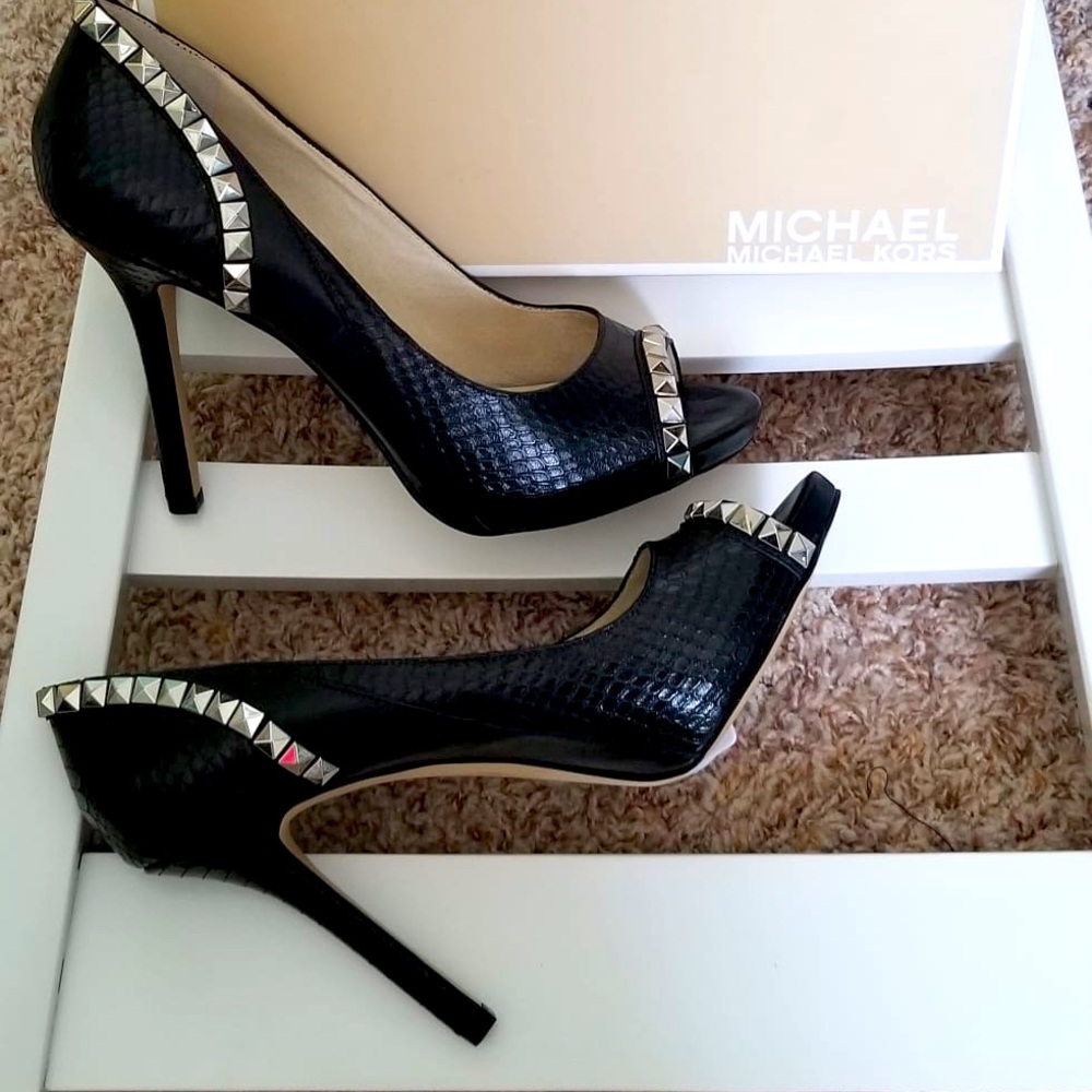 Michael Kors Ella Peep printed leather and metal studded heels